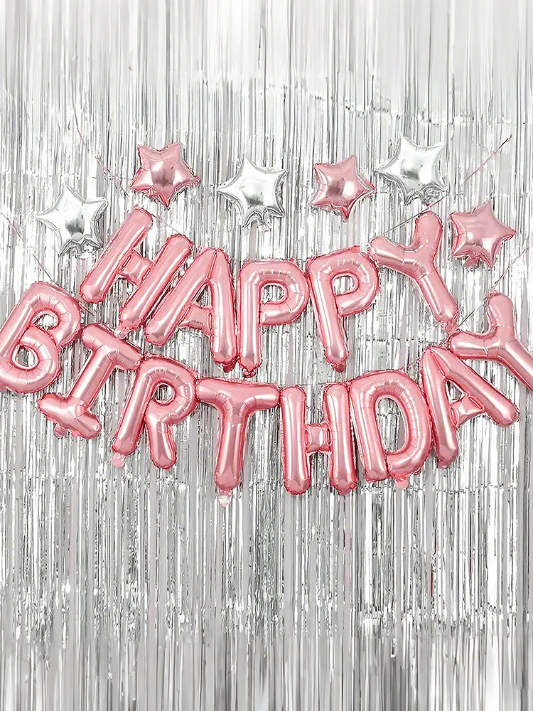 18pcs Pink Silver Birthday Decor Set - Balloons & Curtains