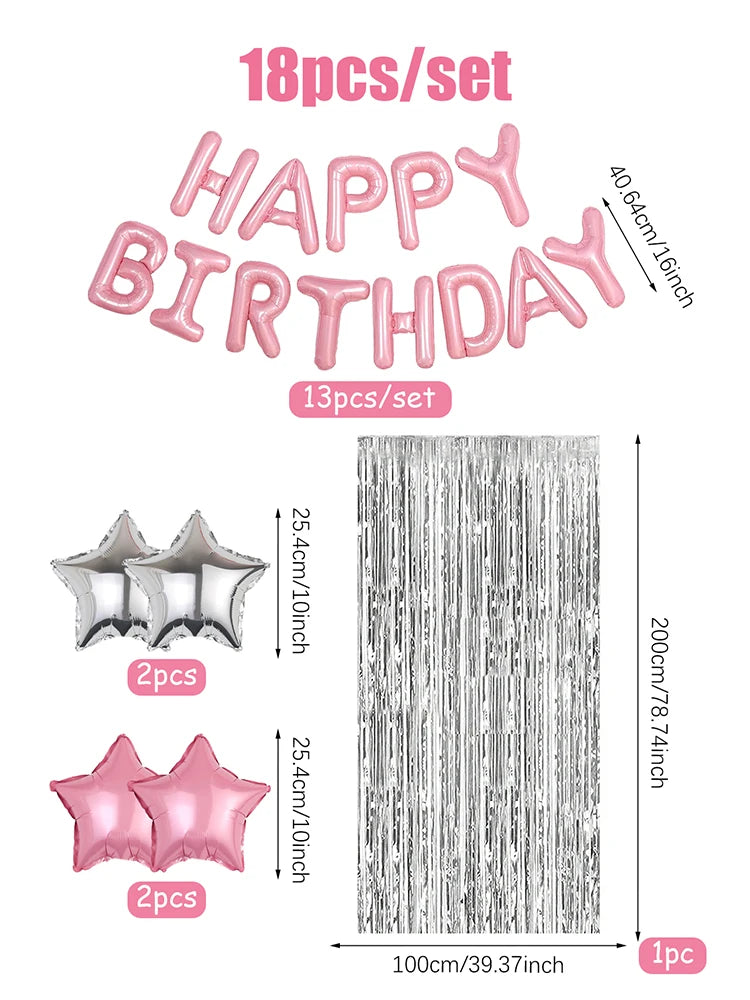 18pcs Pink Silver Birthday Decor Set - Balloons & Curtains