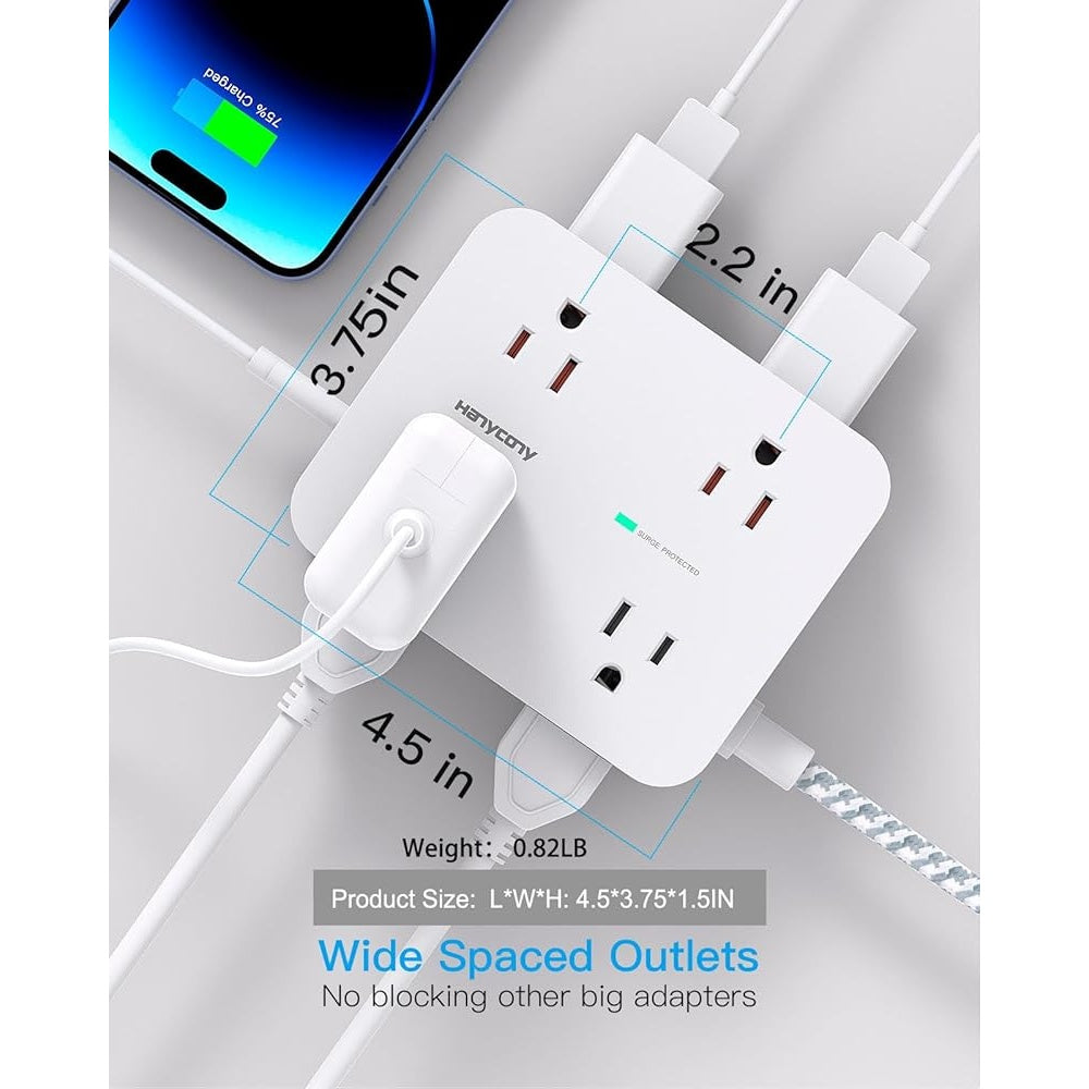 Surge Protector Power Strip 8 Outlets 4 USB 2 USB-C 5Ft Cord