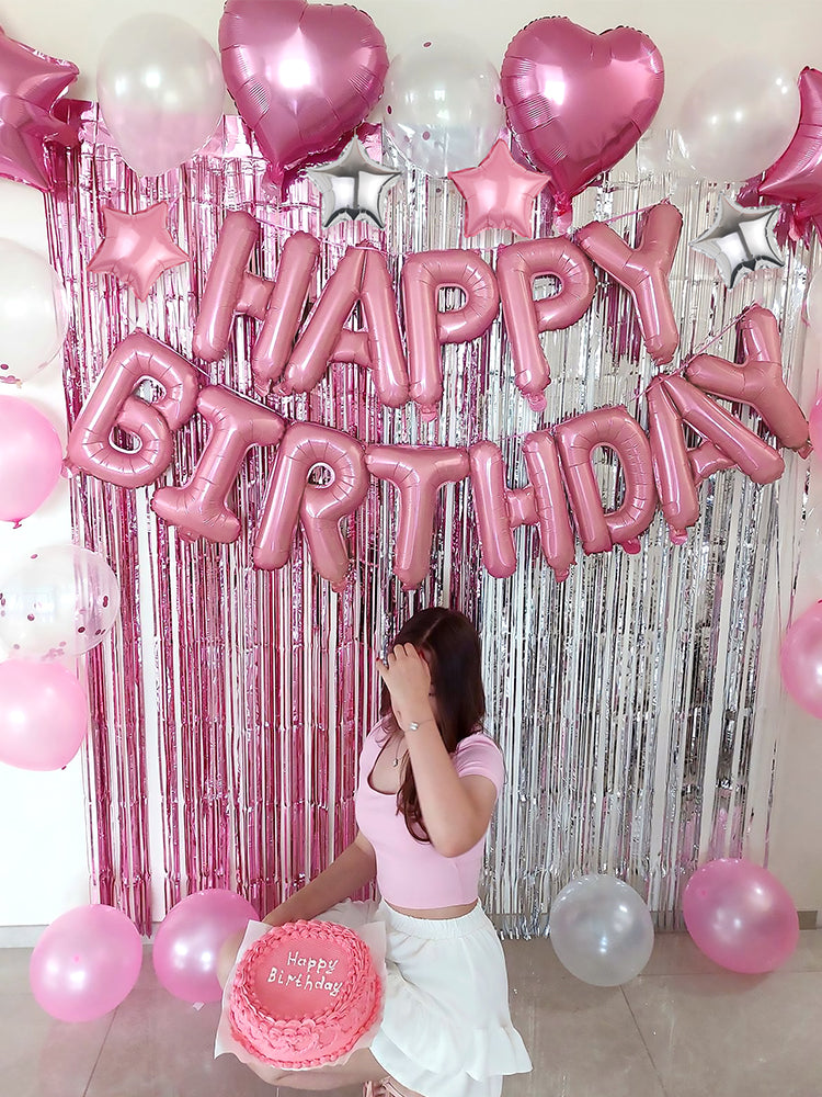18pcs Pink Silver Birthday Decor Set - Balloons & Curtains
