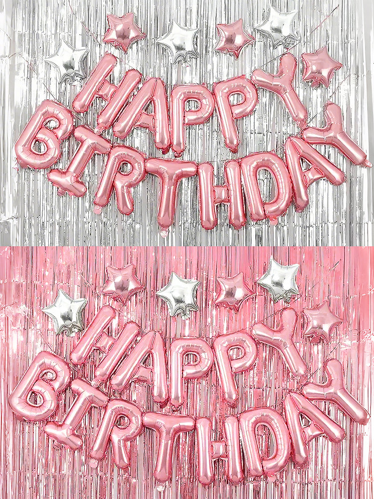 18pcs Pink Silver Birthday Decor Set - Balloons & Curtains