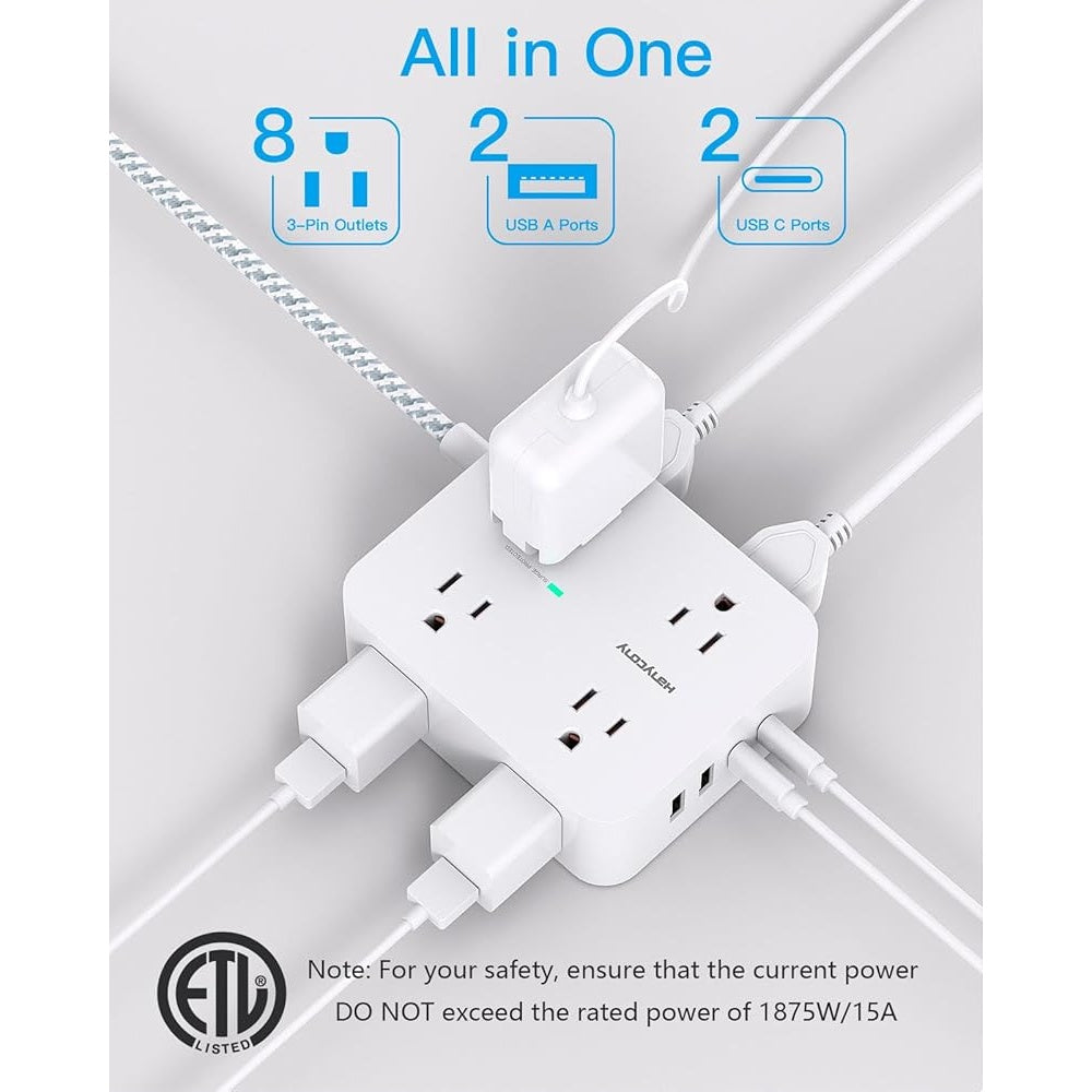 Surge Protector Power Strip 8 Outlets 4 USB 2 USB-C 5Ft Cord
