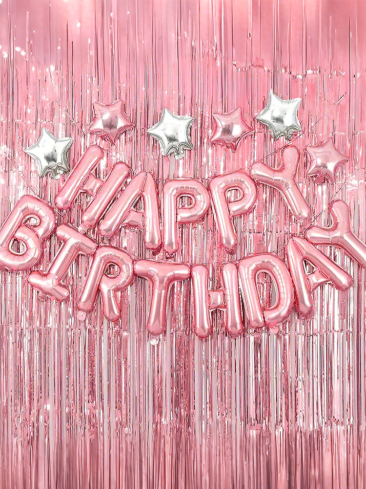 18pcs Pink Silver Birthday Decor Set - Balloons & Curtains
