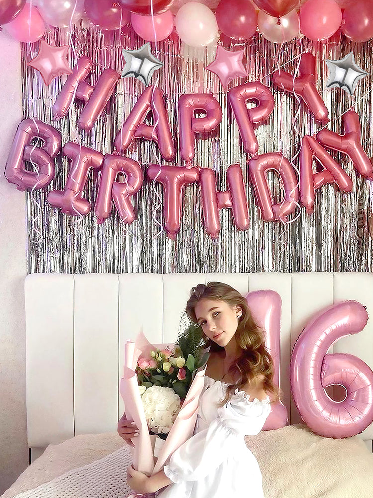 18pcs Pink Silver Birthday Decor Set - Balloons & Curtains