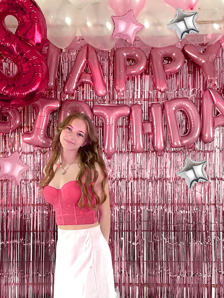 18pcs Pink Silver Birthday Decor Set - Balloons & Curtains