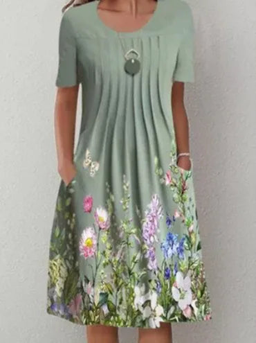 Floral Print Summer Dress - O Neck, Short Sleeve, Casual