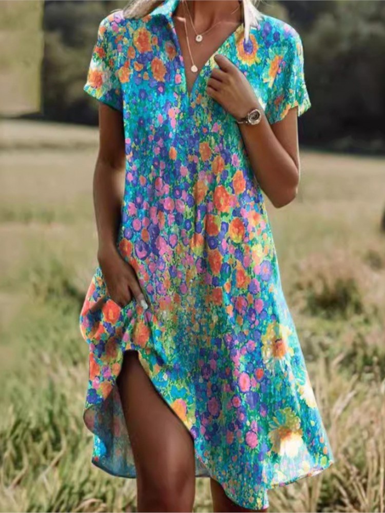 Bohemian V-Neck Long Skirt Dress with Pockets - 2024 Summer