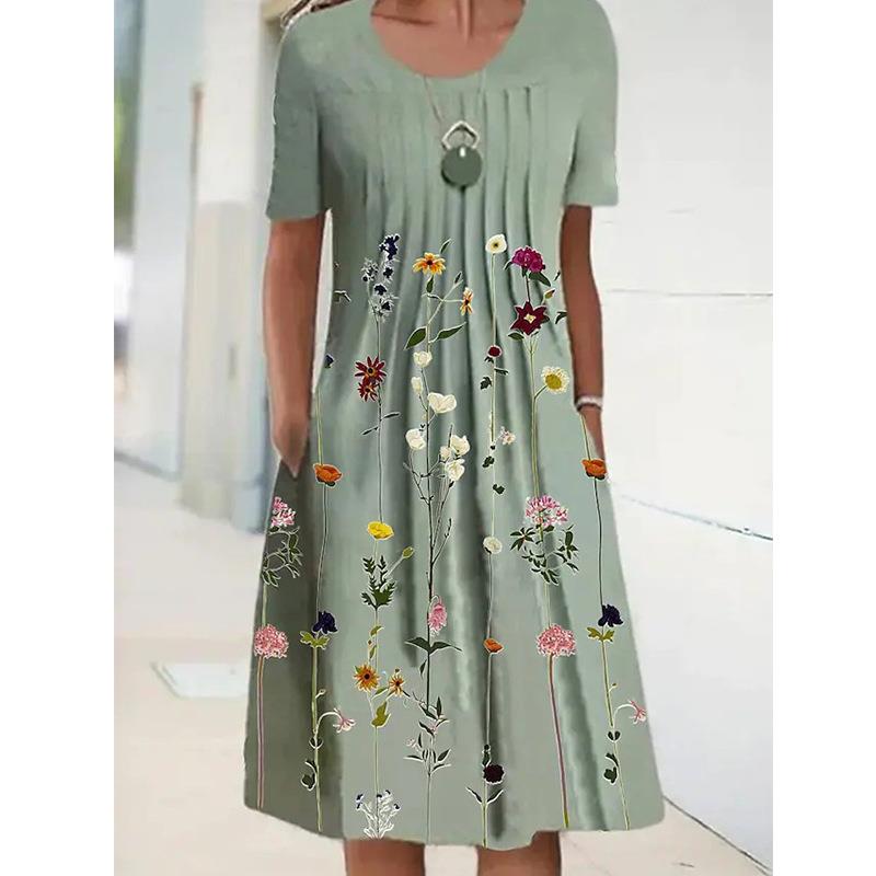 Floral Summer Dress Women O-neck Short Sleeve Fashion