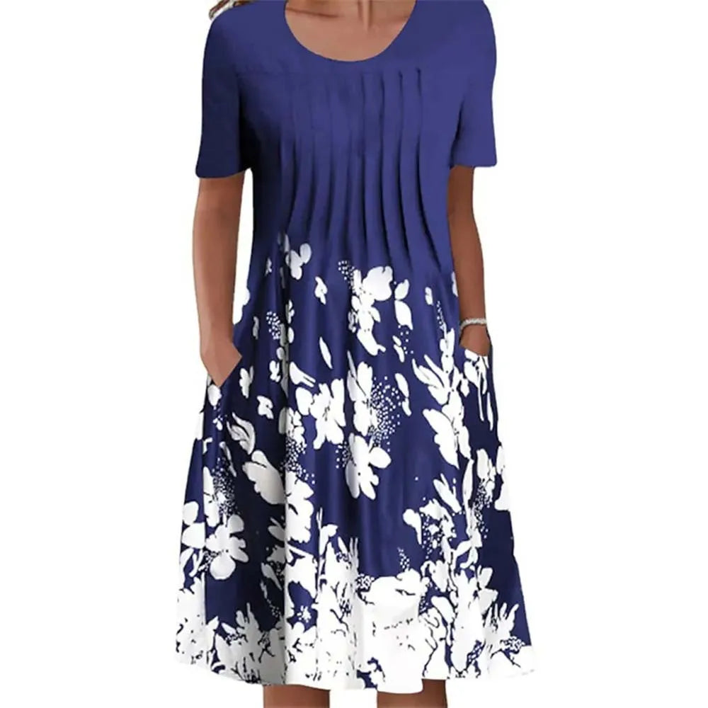 Floral Print Summer Dress - O Neck, Short Sleeve, Casual
