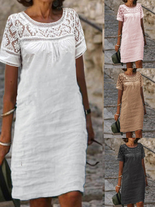Lace Blouse Dress: Summer O-Neck Cotton Linen Mini