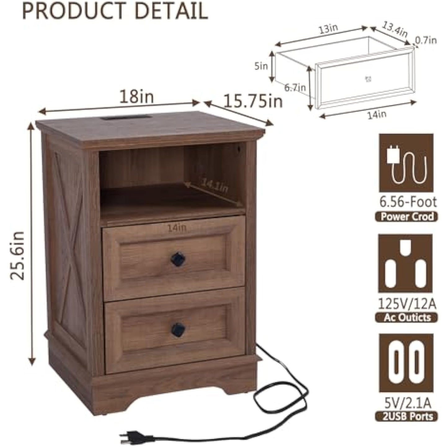 2 Drawer Dresser with Charging Station - Farmhouse Style