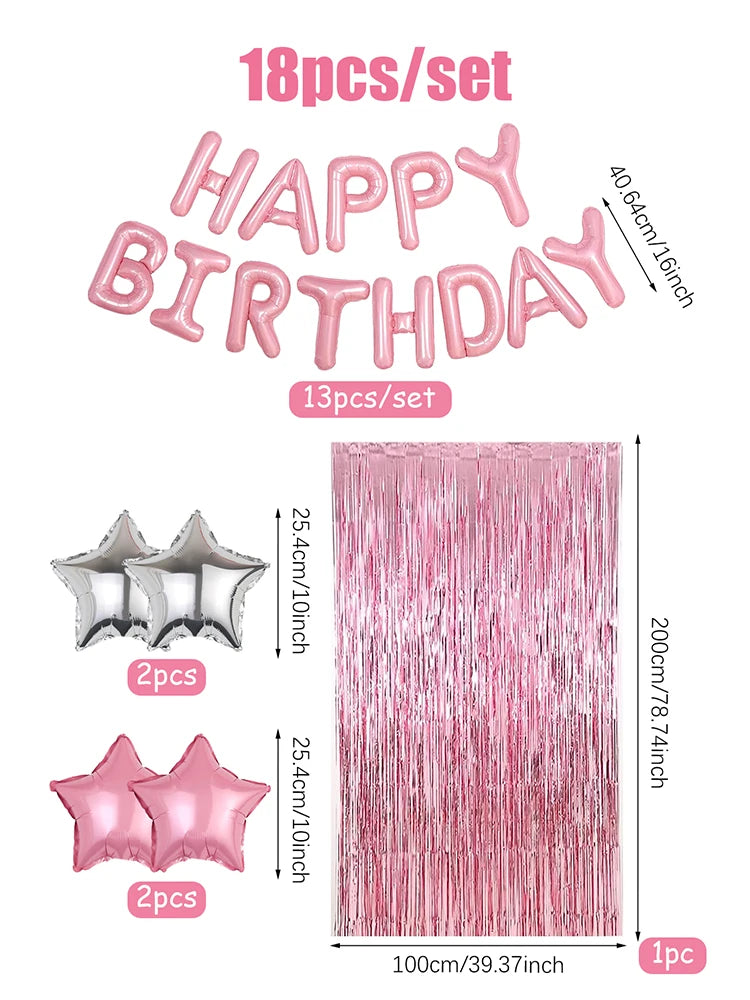 18pcs Pink Silver Birthday Decor Set - Balloons & Curtains
