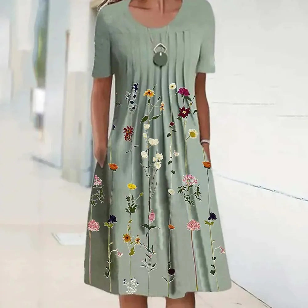 Floral Print Summer Dress - O Neck, Short Sleeve, Casual
