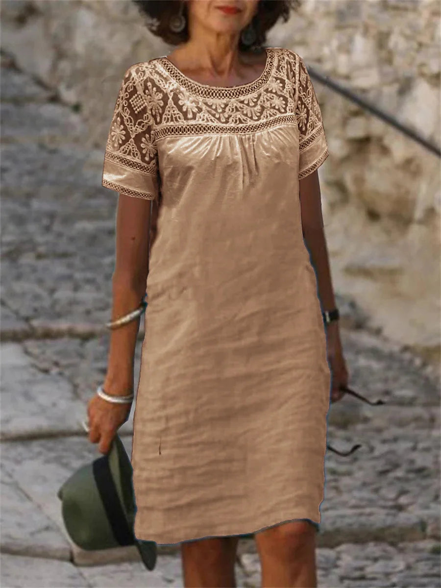 Lace Blouse Dress: Summer O-Neck Cotton Linen Mini
