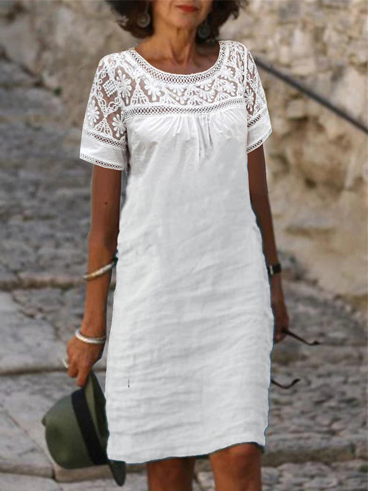 Lace Blouse Dress: Summer O-Neck Cotton Linen Mini