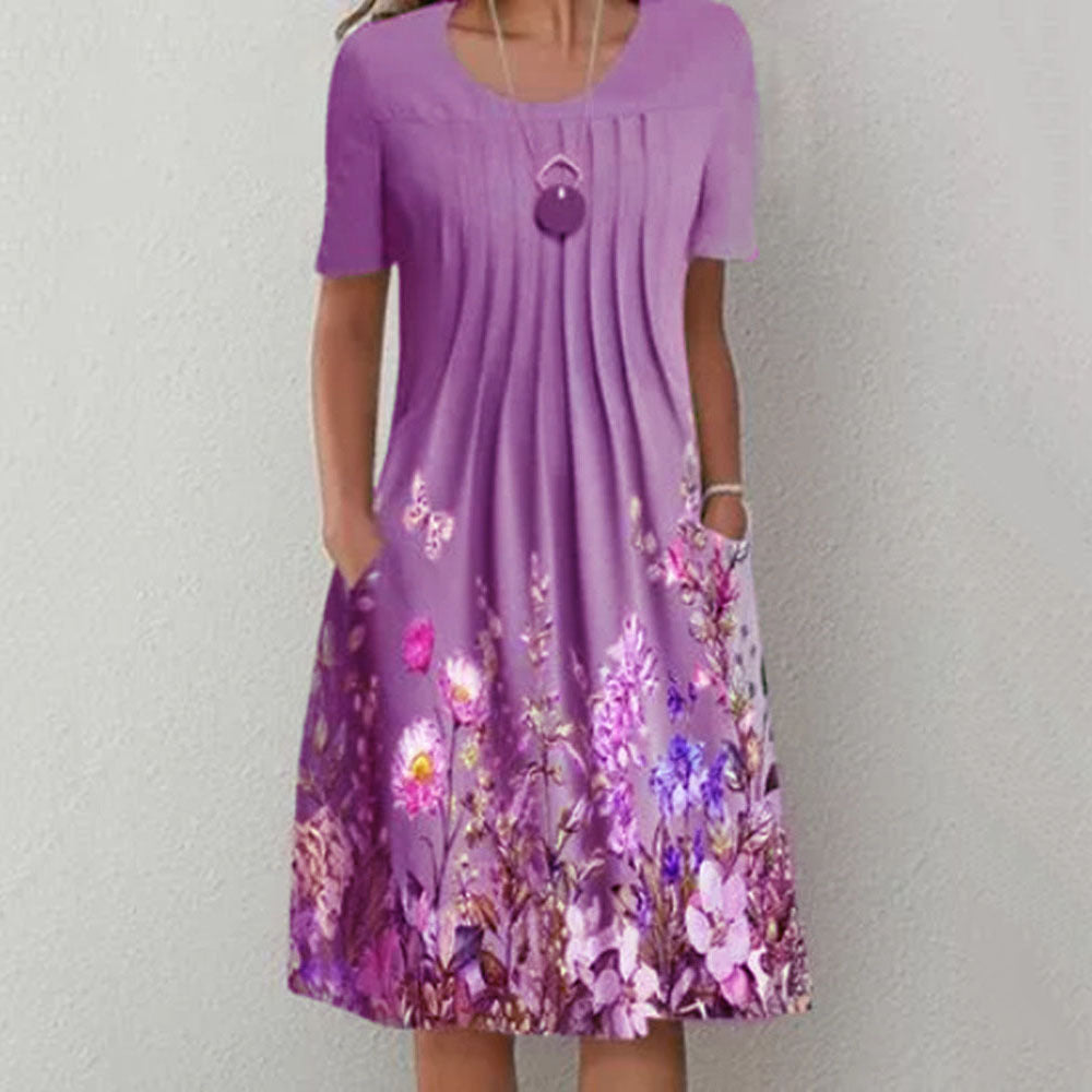 Floral Print Summer Dress - O Neck, Short Sleeve, Casual