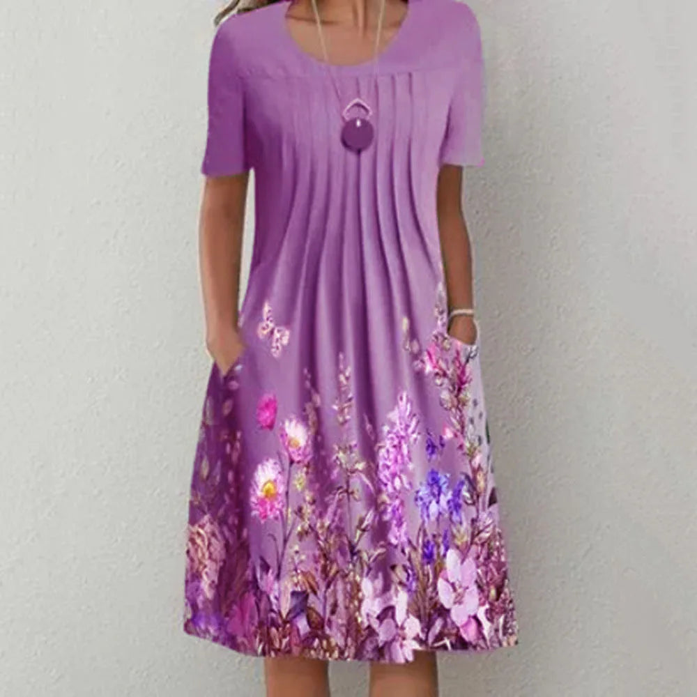 Floral Print Summer Dress - O Neck, Short Sleeve, Casual