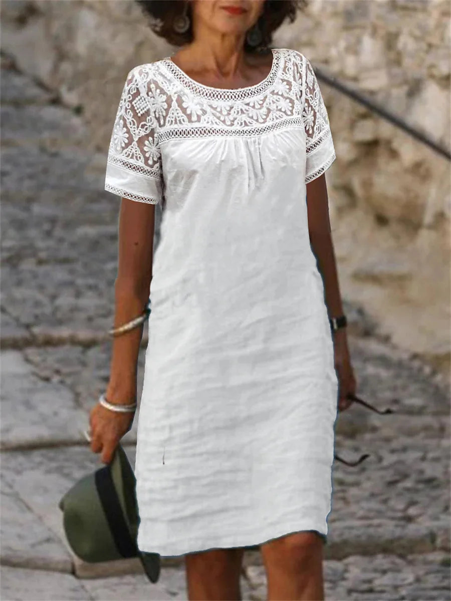 Lace Blouse Dress: Summer O-Neck Cotton Linen Mini