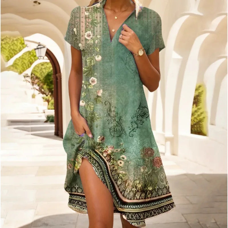 Bohemian V-Neck Long Skirt Dress with Pockets - 2024 Summer