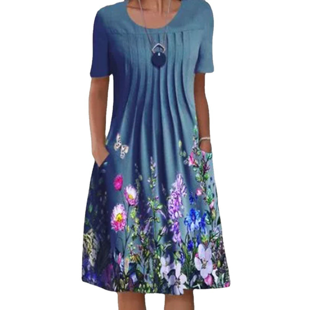 Floral Print Summer Dress - O Neck, Short Sleeve, Casual