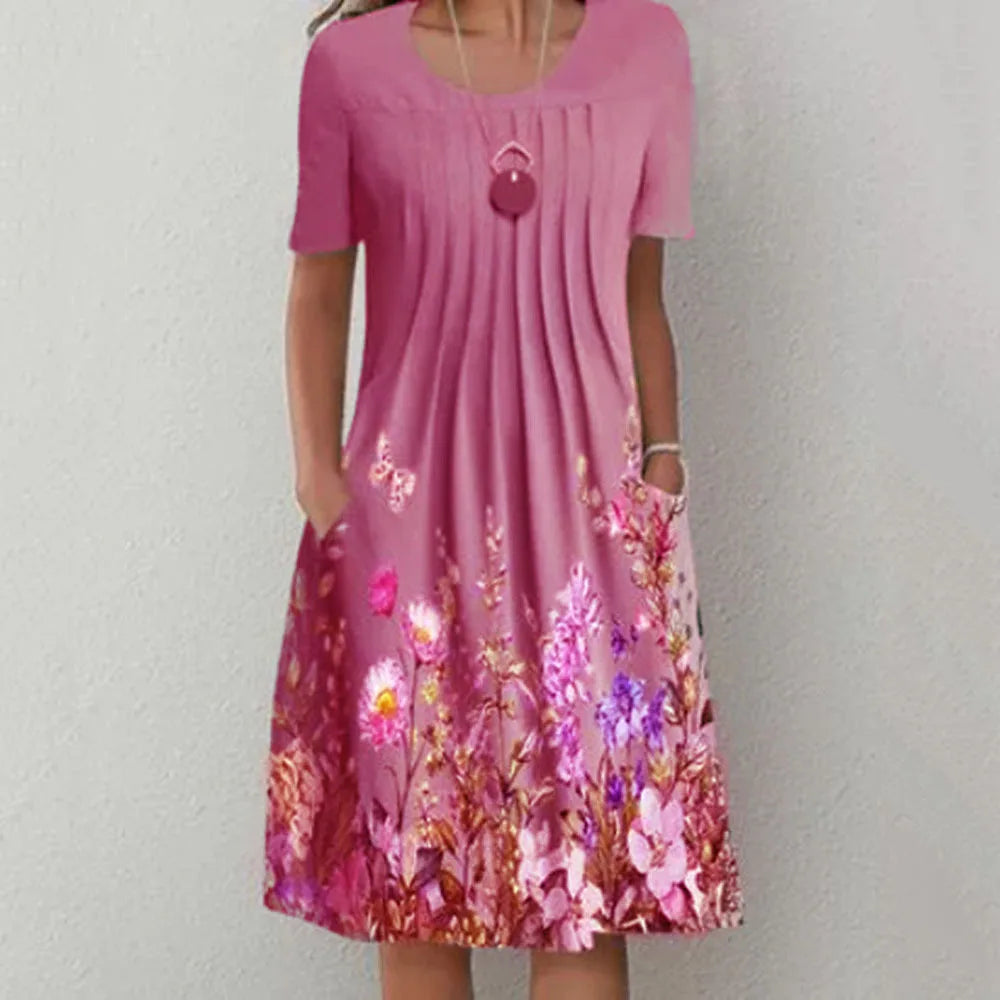 Floral Print Summer Dress - O Neck, Short Sleeve, Casual
