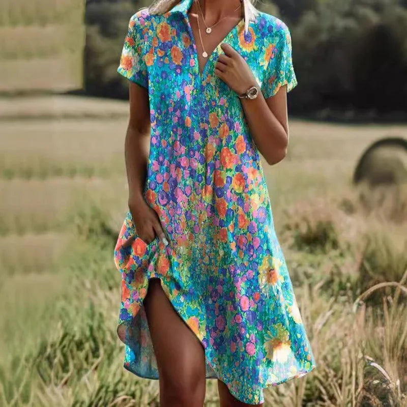 Bohemian V-Neck Long Skirt Dress with Pockets - 2024 Summer