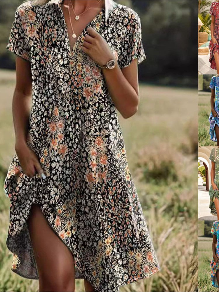 Bohemian V-Neck Long Skirt Dress with Pockets - 2024 Summer
