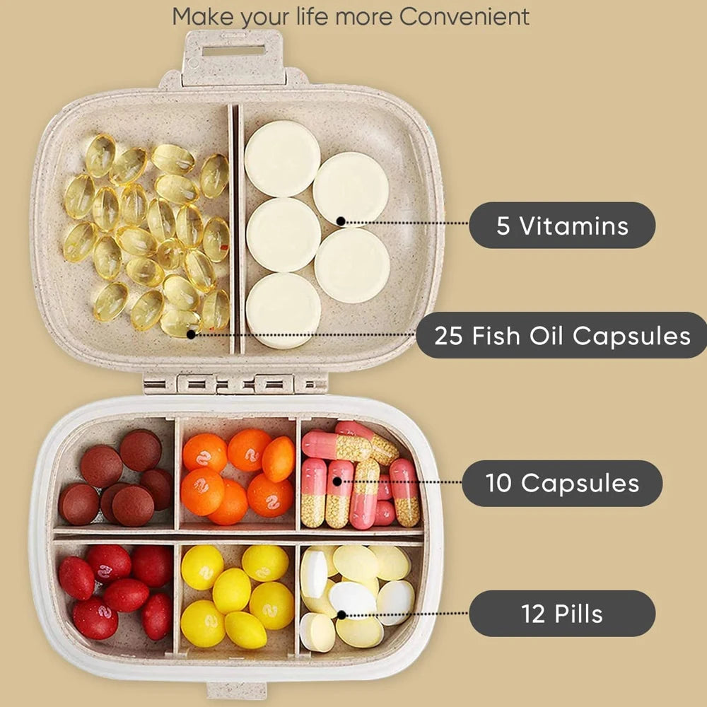 Travel Pill Organizer, 8 Compartments, Moisture-Proof Case