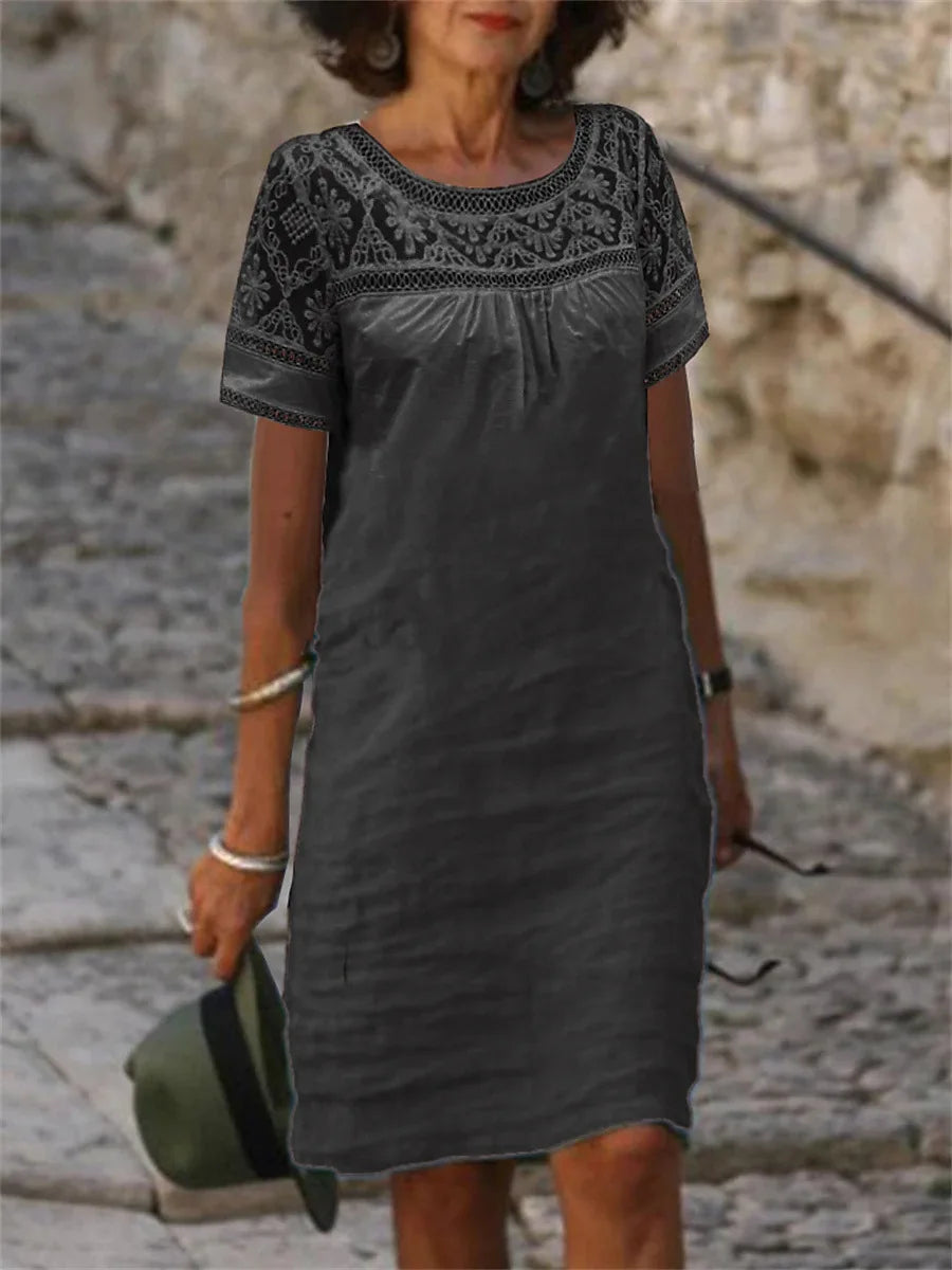 Lace Blouse Dress: Summer O-Neck Cotton Linen Mini
