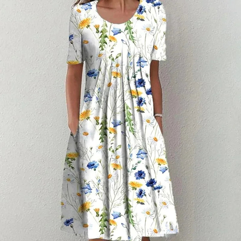 Floral Print Summer Dress - O Neck, Short Sleeve, Casual
