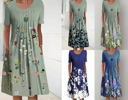 Floral Summer Dress Women O-neck Short Sleeve Fashion