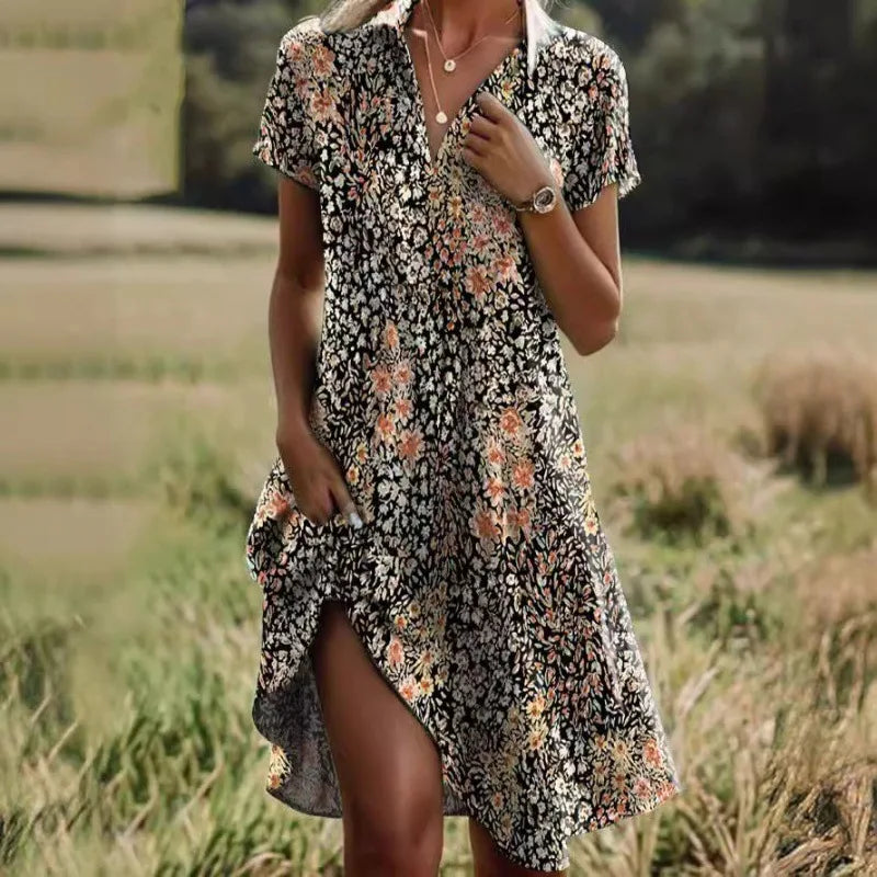 Bohemian V-Neck Long Skirt Dress with Pockets - 2024 Summer