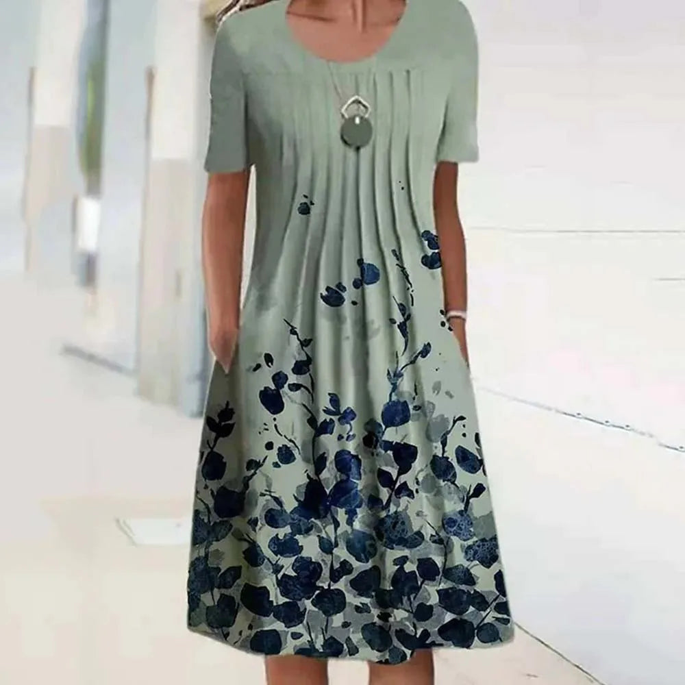 Floral Print Summer Dress - O Neck, Short Sleeve, Casual