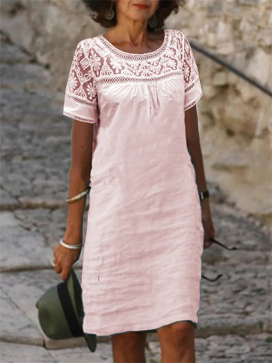 Lace Blouse Dress: Summer O-Neck Cotton Linen Mini