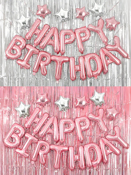 18pcs Pink Silver Birthday Decor Set - Balloons & Curtains