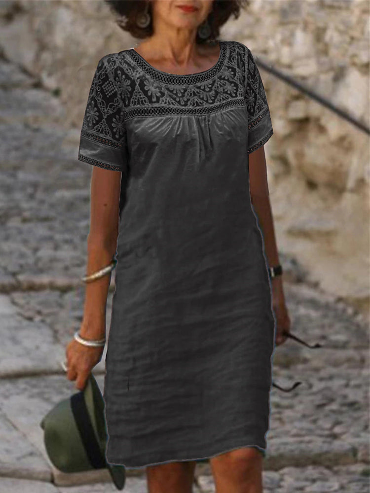 Lace Blouse Dress: Summer O-Neck Cotton Linen Mini