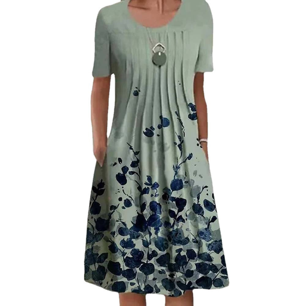Floral Print Summer Dress - O Neck, Short Sleeve, Casual