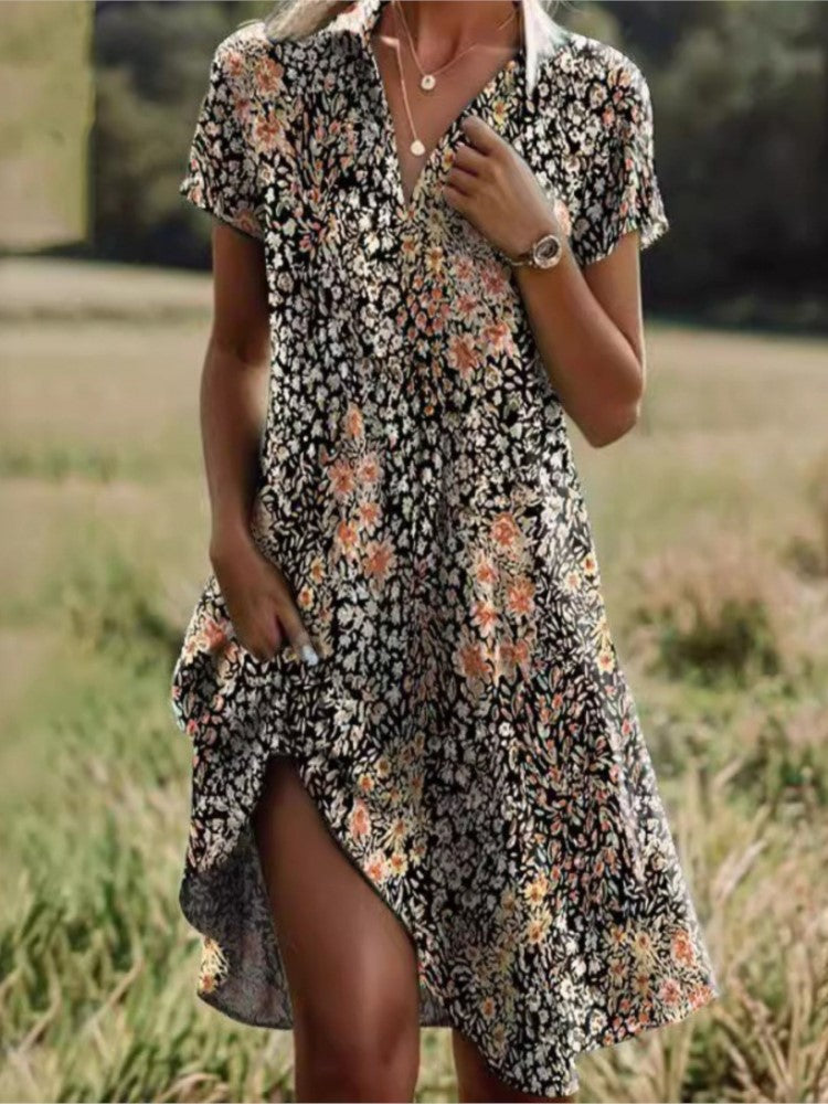 Bohemian V-Neck Long Skirt Dress with Pockets - 2024 Summer