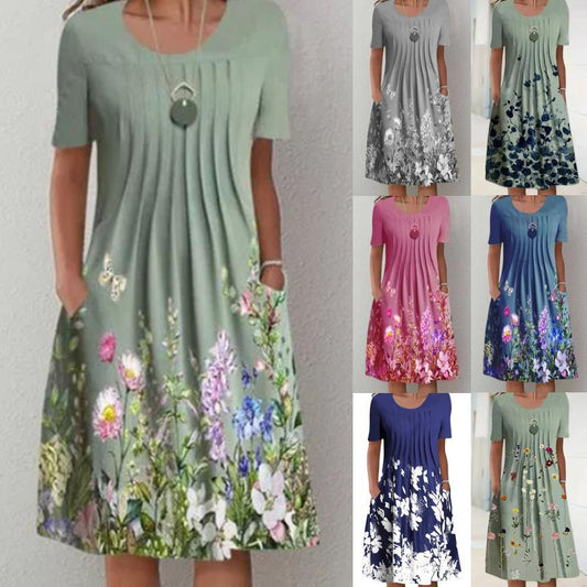 Floral Print Summer Dress - O Neck, Short Sleeve, Casual