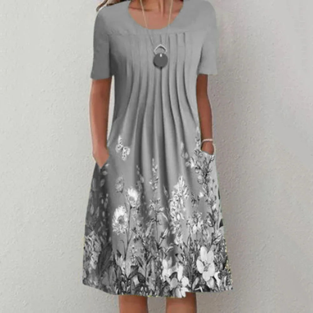 Floral Print Summer Dress - O Neck, Short Sleeve, Casual