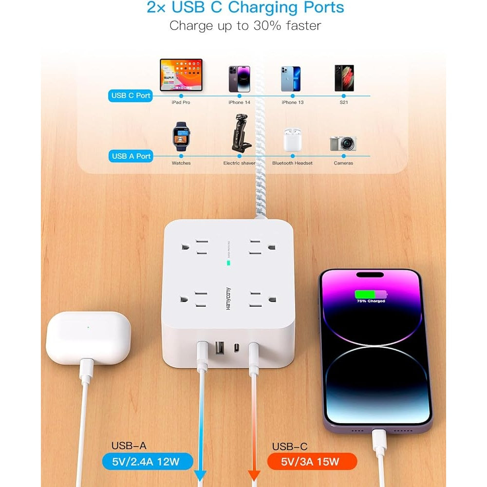 Surge Protector Power Strip 8 Outlets 4 USB 2 USB-C 5Ft Cord