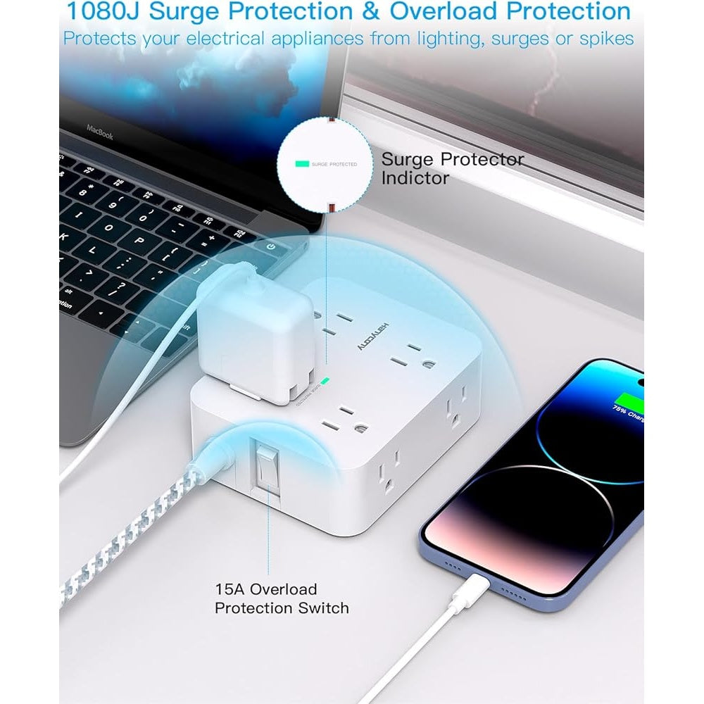 Surge Protector Power Strip 8 Outlets 4 USB 2 USB-C 5Ft Cord