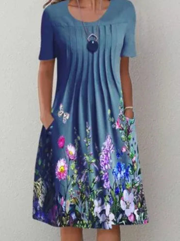 Floral Print Summer Dress - O Neck, Short Sleeve, Casual