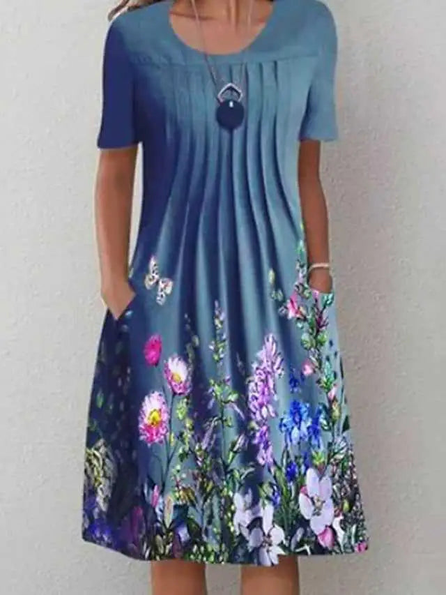 Floral Summer Dress Women O-neck Short Sleeve Fashion